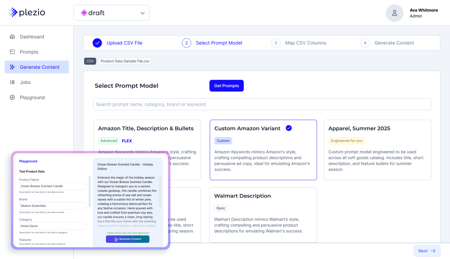 Plezio Draft prompt selection with Amazon, Walmart and custom prompt models