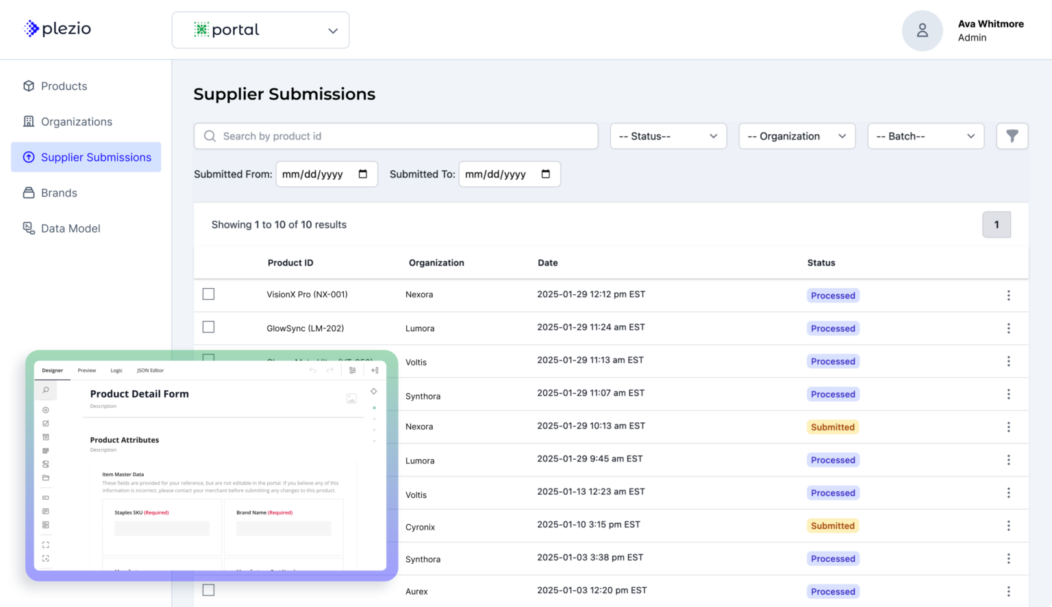 Plezio Portal supplier submissions list with a product detail form