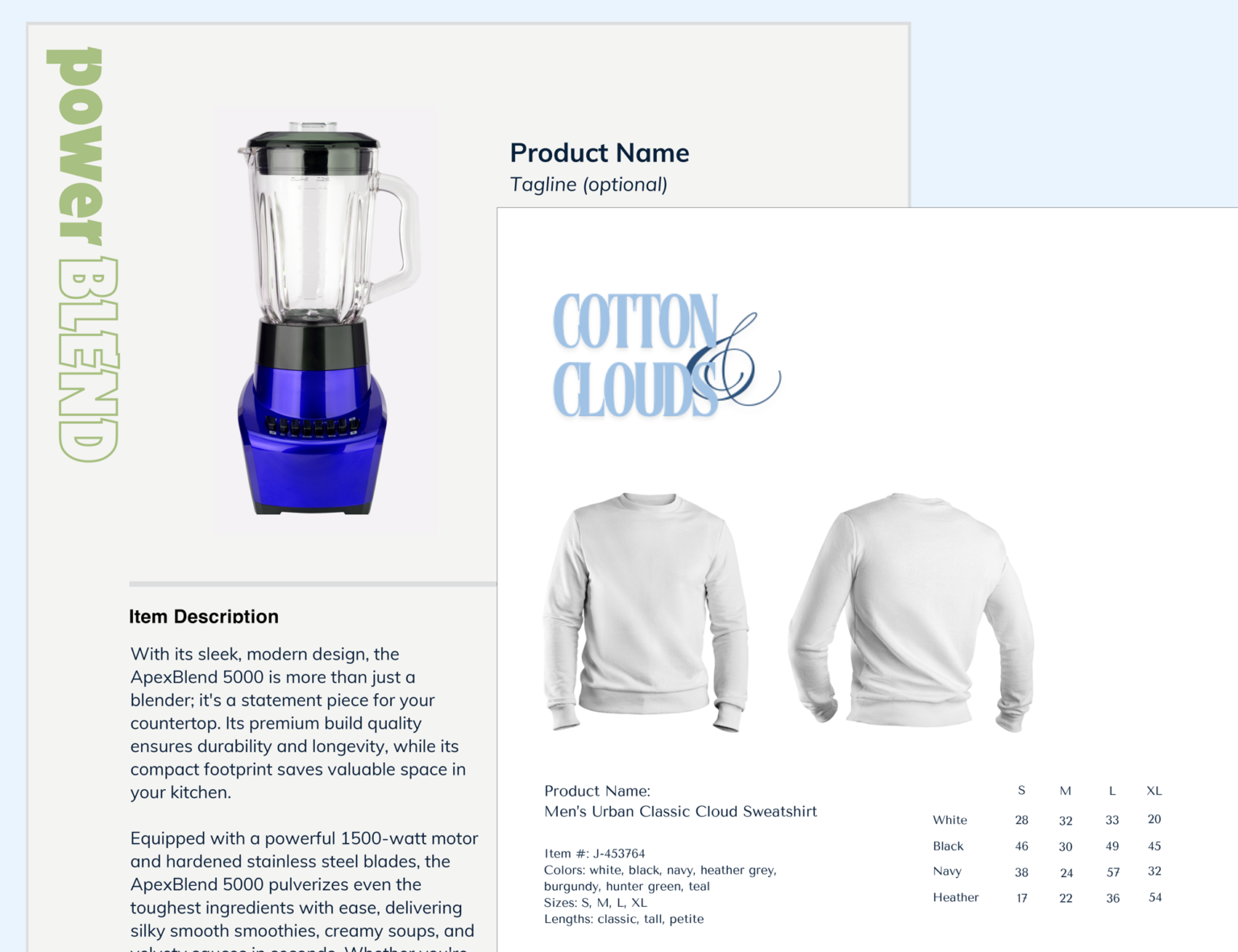 Two example sell sheets generated by Plezio Pitch: a blender with an item description and a sweatshirt with a size and color table