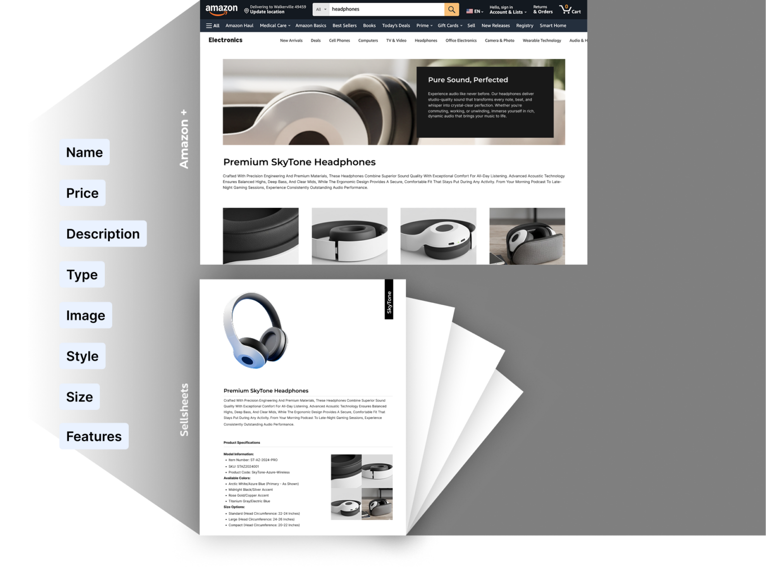 Product attributes flowing into Amazon A+ Content and a printed sell sheet