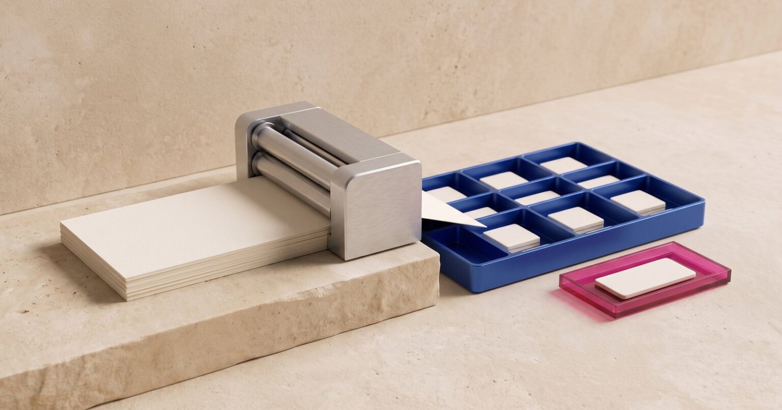 Blank ivory sheets fed through an aluminum roller, with small ivory tiles sorted into a blue metal tray