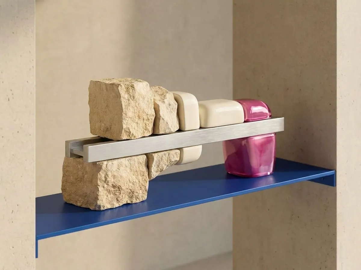Rough stone blocks becoming smooth finished forms along a metal rail