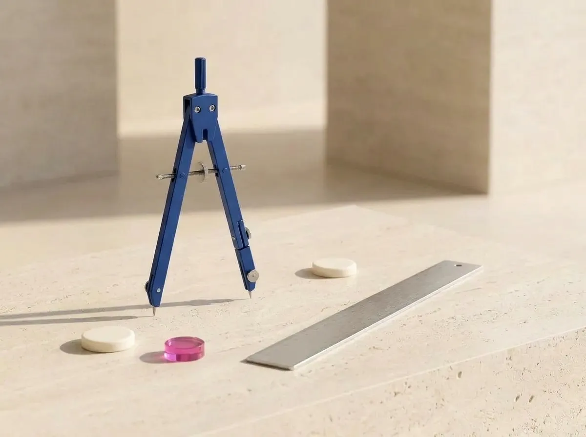 A drafting compass and markers placed at chosen points on a stone plan