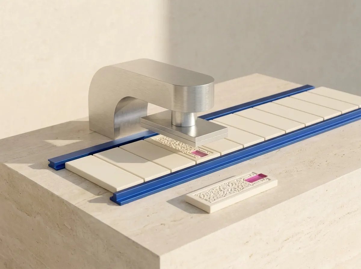 A small press stamping a precise pattern into a row of ceramic tiles
