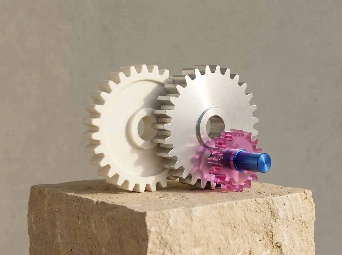 Two large gears turning together with a small new gear meshing in