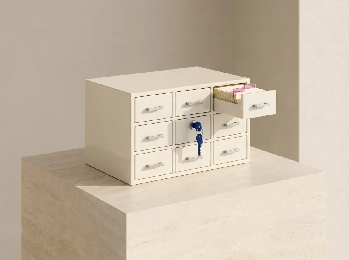 A card-catalog cabinet with one drawer open and a key in its lock