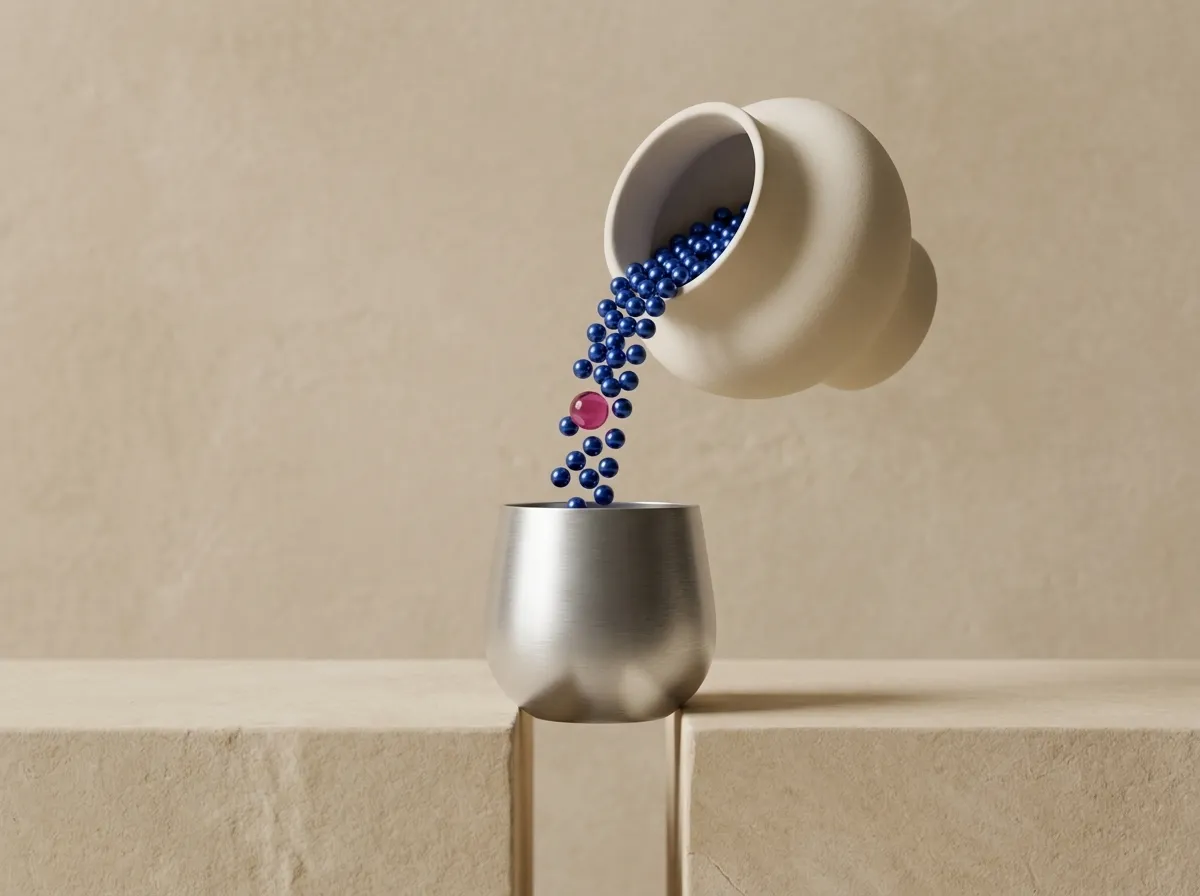 A ceramic vessel pouring small spheres into a new metal vessel