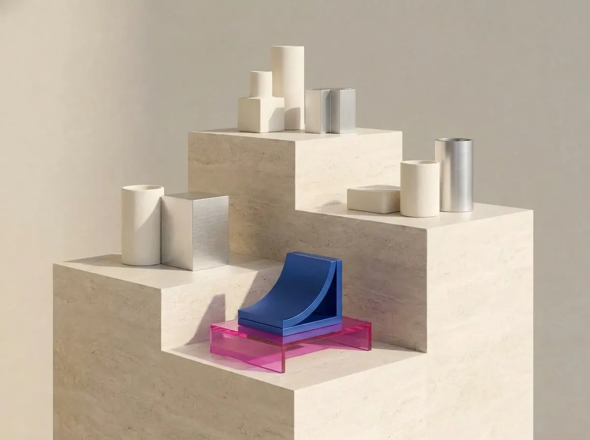 Tiered stone display plinths with one blue object raised at the front