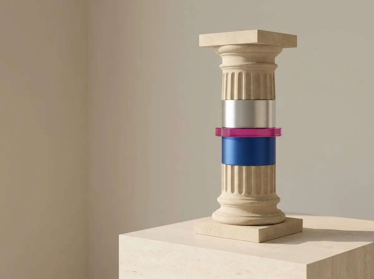 A classical stone column with modern metal sections fitted into it