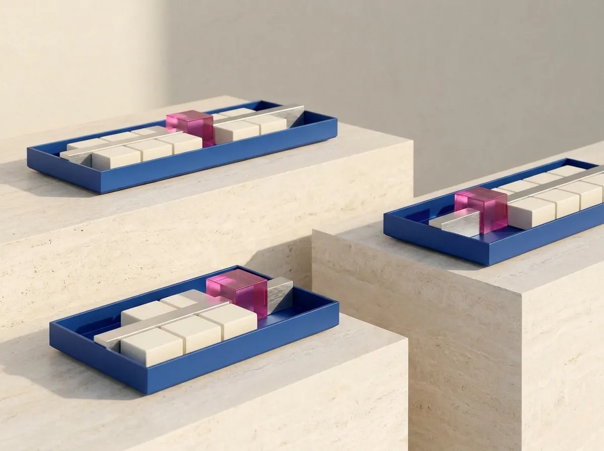 Identical trays, each holding the same arrangement of blocks