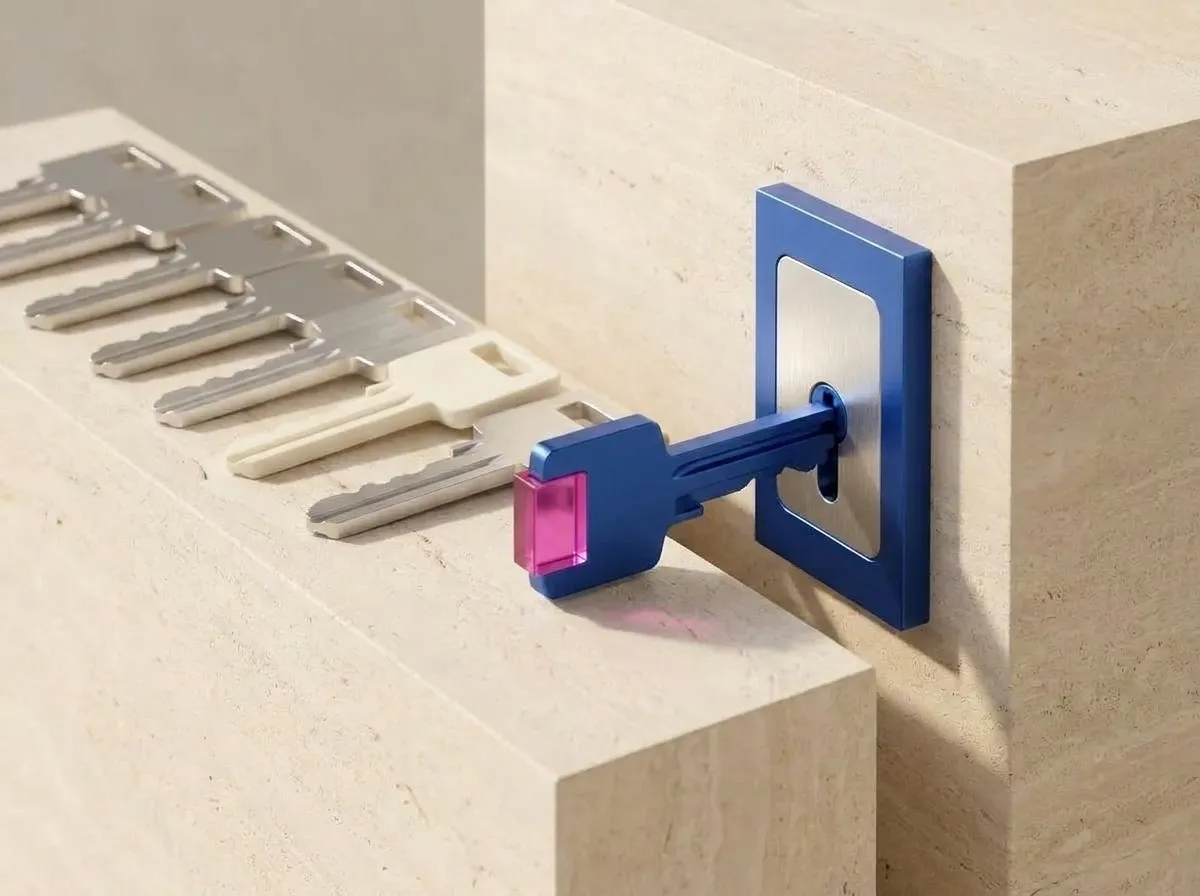 A row of keys with one blue key seated in a matching lock plate