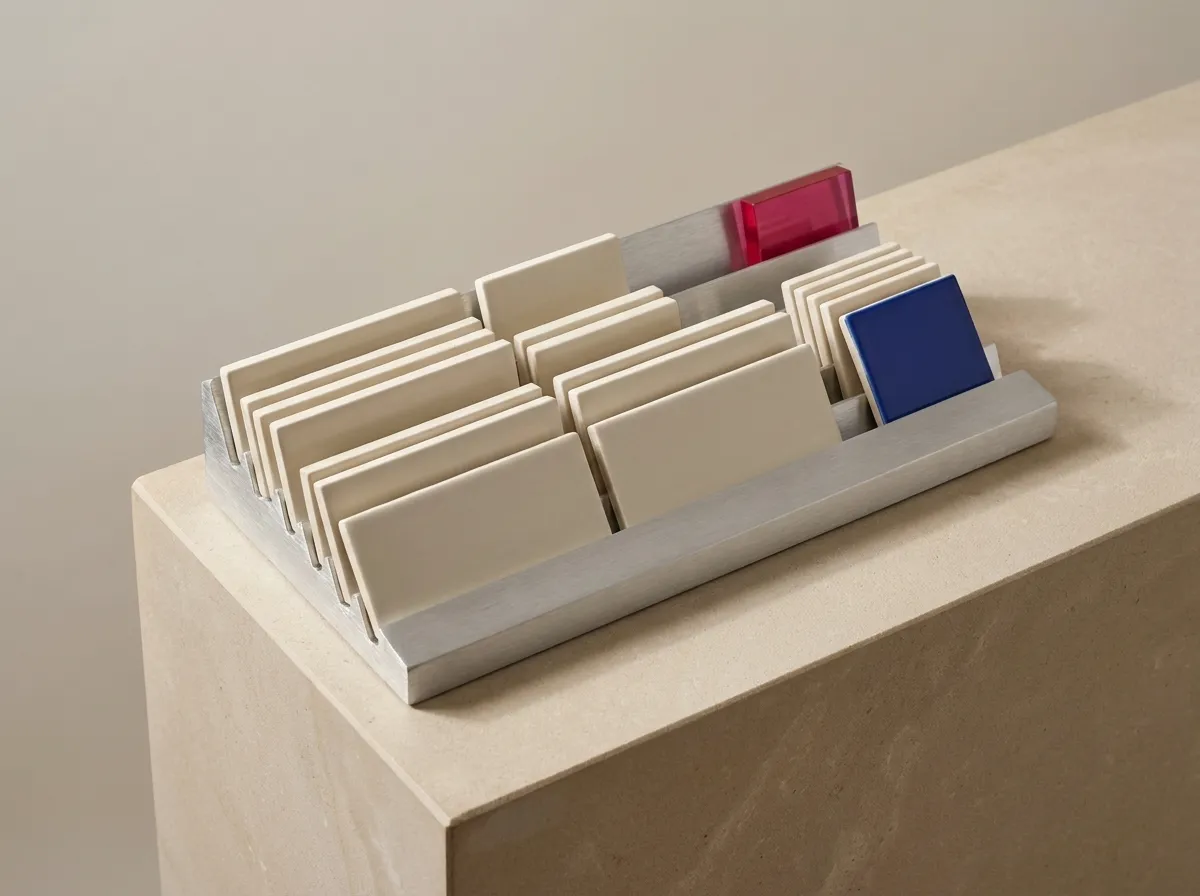 A rack of ceramic tiles, each seated precisely in its own slot