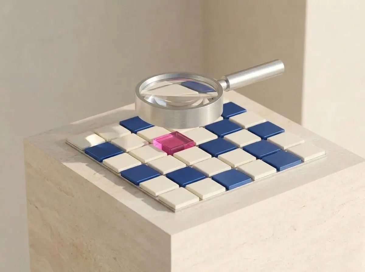 A magnifying lens enlarging one tile in a precise grid of tiles