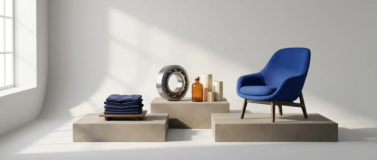 Illustrative still life of apparel, a precision bearing, packaged goods and a blue chair
