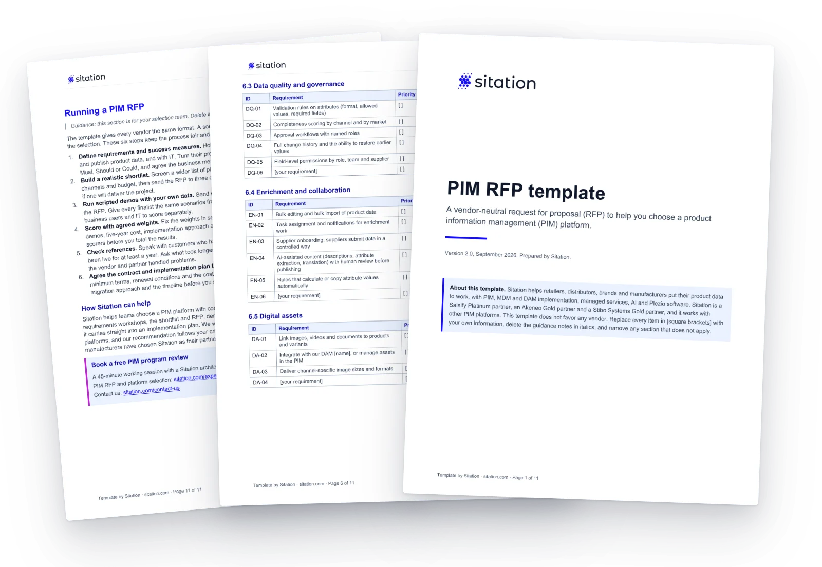 Pages from Sitation’s PIM RFP template: the cover, a requirements table with priority and response-code columns, and the Running a PIM RFP checklist.