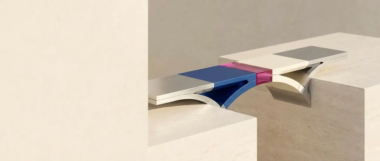 Precision-made bridge sections connecting two stone platforms