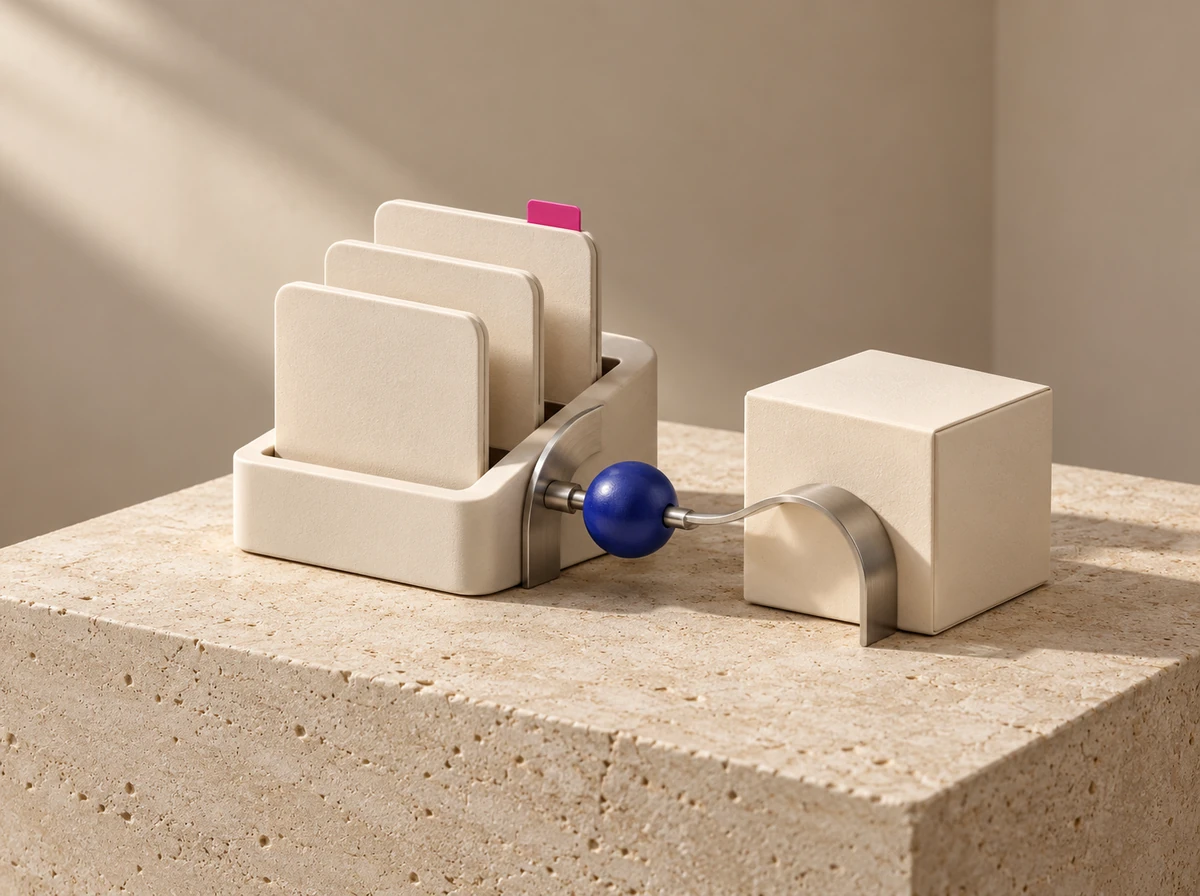 Ivory product-data cards connected to a product form by a blue hub on a limestone surface