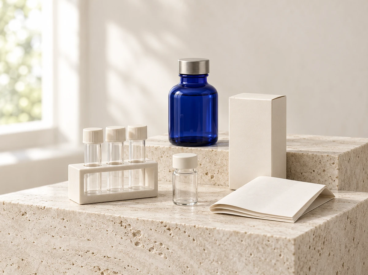 Unbranded bottles, sample tubes, product packaging and a blank information leaflet